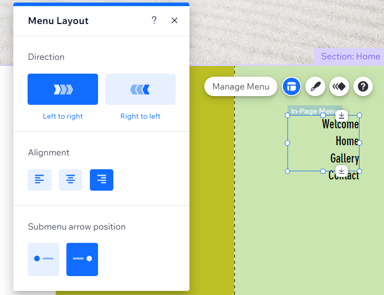 Capture d'écran du panneau de mise en page, avec l'alignement du texte et les options du menu de flèches.