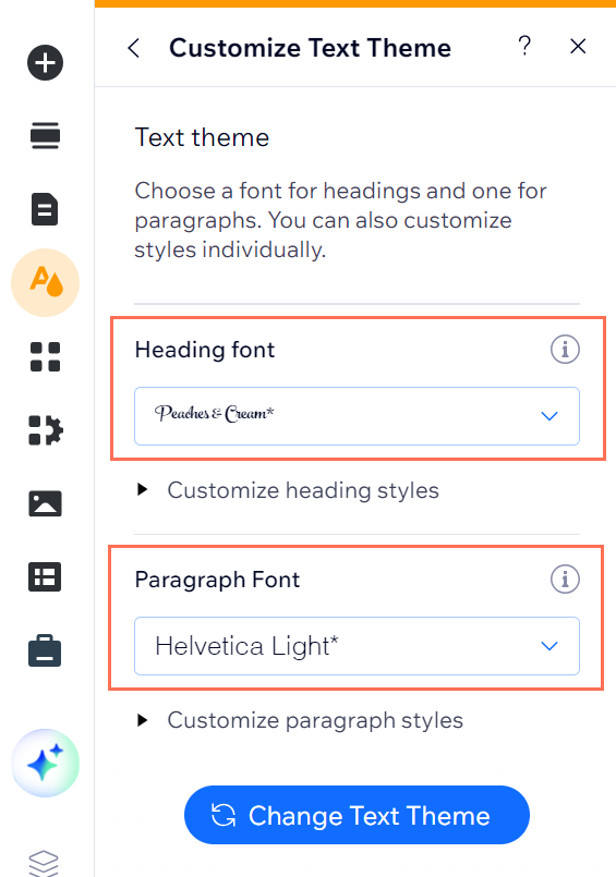 The Site Design panel in the Wix editor, choosing a font for headings and a font for paragraphs