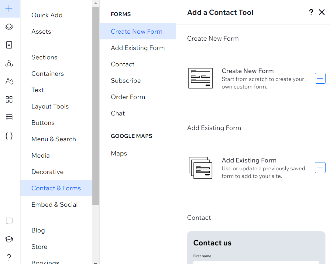 Screenshot des „Hinzufügen“-Panels, in dem Kontakt- und Formularoptionen angezeigt werden