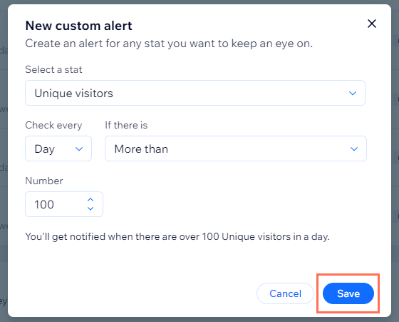 A screenshot of creating a new custom alert in a site's dashboard.