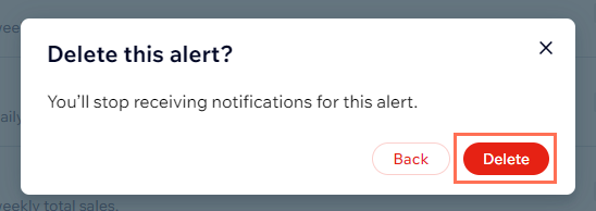 A screenshot of deleting a custom alert in a site's dashboard.