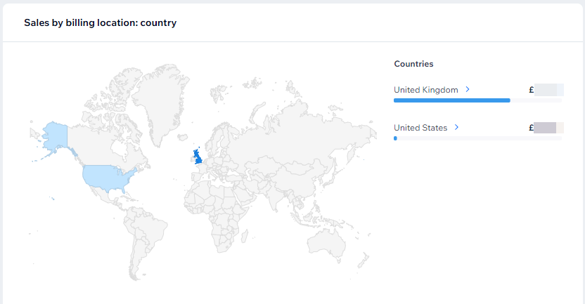 screenshot van verkoop per factuurlocatie op wereldkaart.