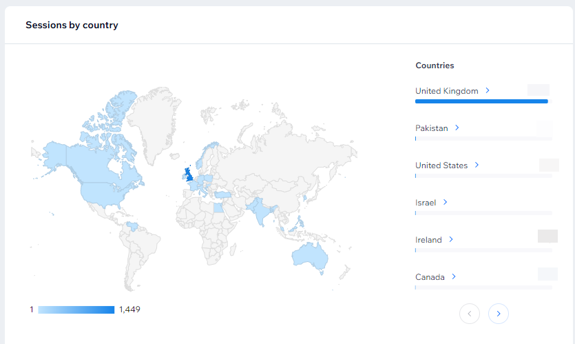 Captura de pantalla de las sesiones por país en el mapa mundial.