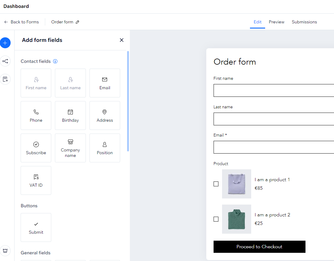 Form builder interface displaying variety of contact fields and buttons available. Edit tab within the builder selected.