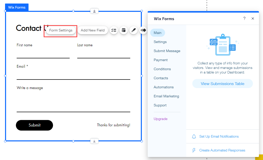 Formulário selecionado no Editor Wix, painel Configurações do formulário aberto.