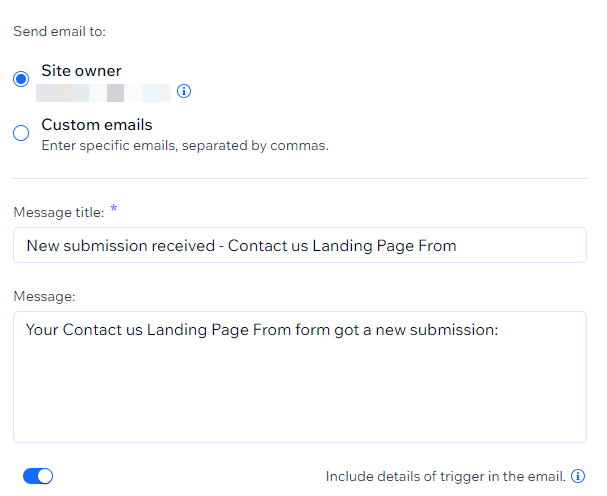 Wix 양식의 이메일 알림 설정 스크린샷
