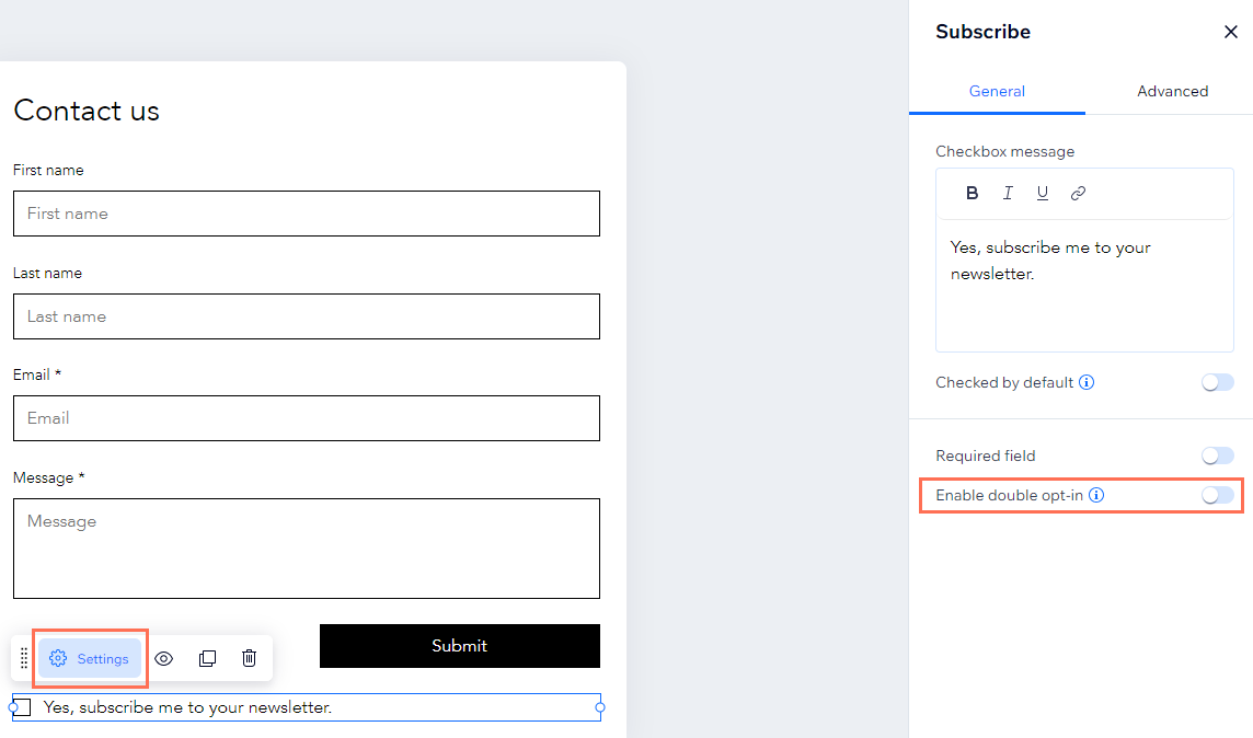 Screenshot der Option zum Aktivieren der Double-Opt-in-Option im neuen Wix Forms