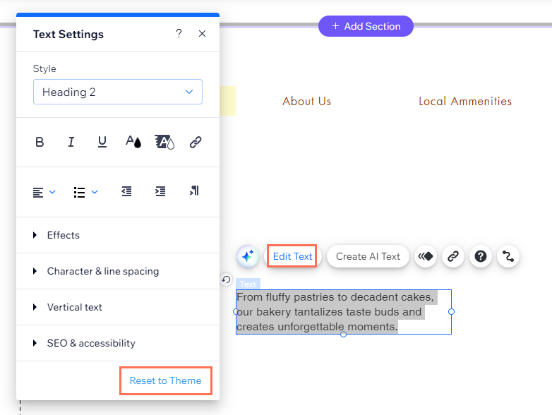 Captura de tela da caixa de texto selecionada com a opção Editar texto selecionada e o painel de configurações de texto mostrando. Botão Redefinir para o tema está destacado.