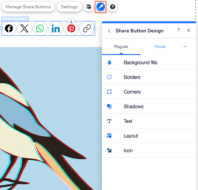 Barra de compartilhamento selecionada com o ícone de design selecionado mostrando as opções do painel de design do botão de compartilhamento, incluindo normal e ao passar o mouse.