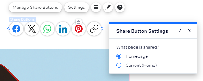 screenshot of social share bar selected, with settings panel option displaying 2 share options.