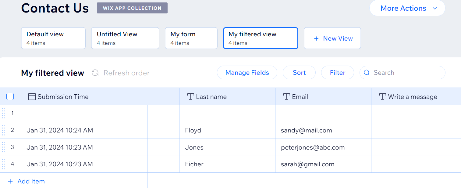 Screenshot of old wix forms form submissions table, showing 3 submissions.