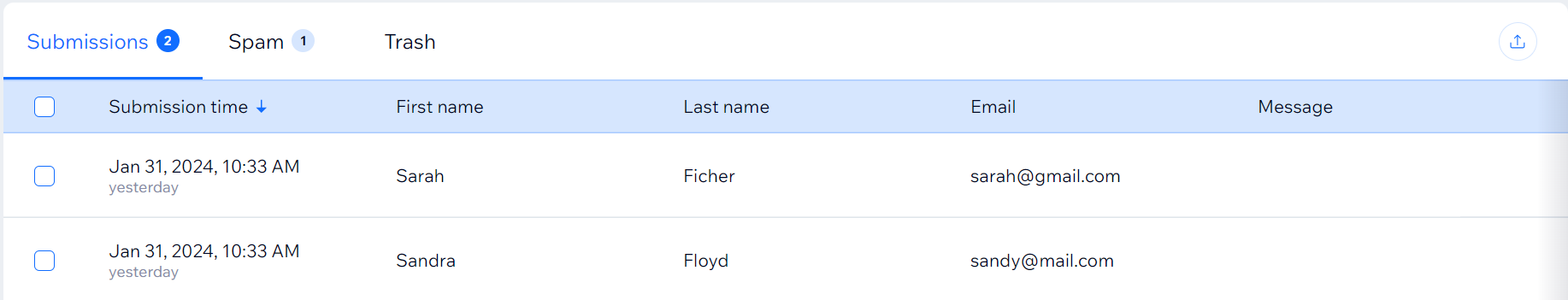 Screenshot of new wix forms form submission table displaying two form submissions.