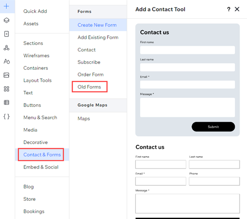 Screenshot of the add elements panel in Wix Studio, with Contacts & Forms selected and showing a display available of forms