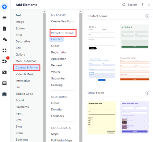 Screenshot of the add elements panel in Wix Editor, with Contacts & Forms selected and showing a display available of forms.