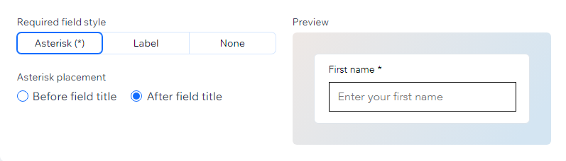 screenshot of required field style settings, with asterisk higlighted.