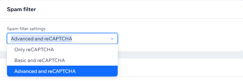 Captura de tela do dropdown das configurações do filtro de spam exibindo 3 opções de filtro.