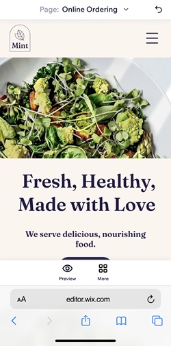 screenshot of a healthy food site in preview using wix editor on mobile