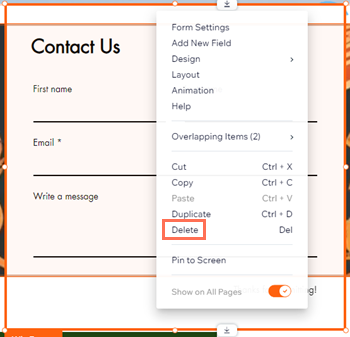 Screenshot of form selected, right click panel showing and Delete highlighted.