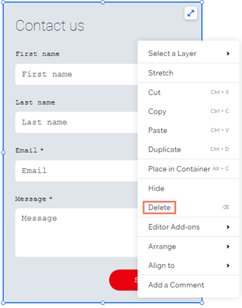 Screenshot of form selected, right click panel showing and Delete highlighted.