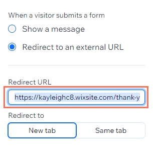 screenshot van de instellingen van de verzendknop met externe URL gekoppeld aan een bedankpagina van een website, ingesteld om in een nieuw tabblad te openen.