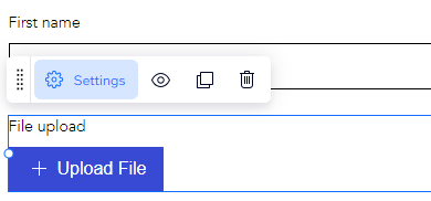 A screenshot of the File Upload field in new Wix forms selected, with the settings button clicked.