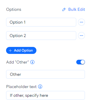 Screenshot of settings panel within the new wix forms form builder. Add other toggle is enabled, showing customization option