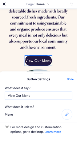 screenshot of a healthy food site using wix editor on mobile. a button is selected and the button setting panel is displayed.