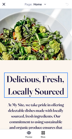 screenshot of a healthy food site using wix editor on mobile. text is selected, and the text box is higlighted.