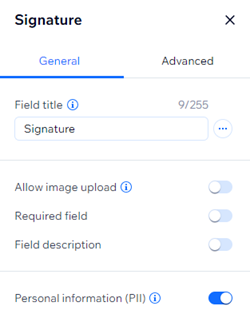 Screenshot del pannello delle impostazioni relativo al campo del modulo per la firma. Le opzioni di personalizzazione vengono visualizzate con gli interruttori