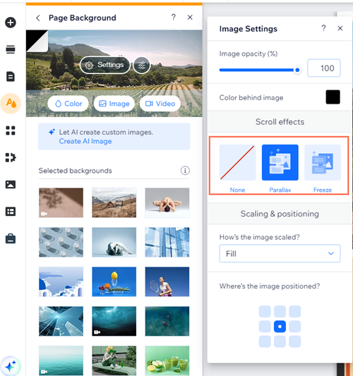 Captura de tela das configurações da imagem de background com efeitos de rolagem listando nenhum, parallax e congelar em destaque.
