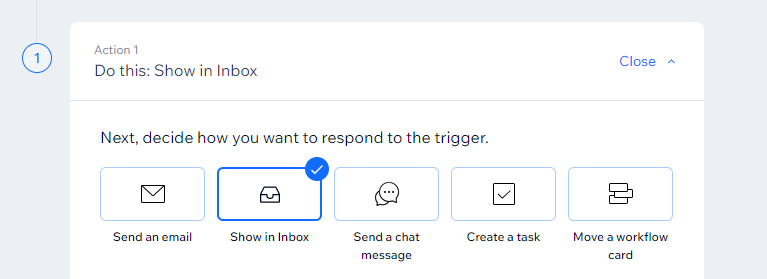 Screenshot of wix automations trigger options with show in inbox highlighted.