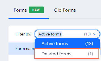 De filters-dropdown waar je verwijderde formulieren kunt selecteren en bekijken