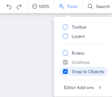 Screenshot of the tools panel in the top right of the editor section. Checkbox for Snap to Objects feature is selected.