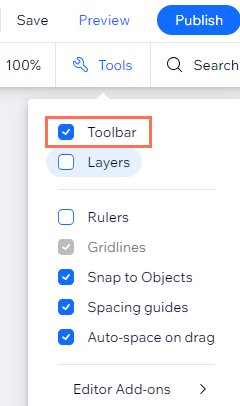 Screenshot of the tools panel in the movile editor with the toolbar checkbox selected and highlighted.