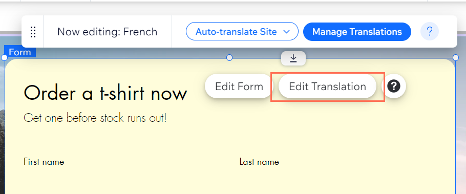 Screenshot of Wix Editor with Order Form selected after changing languages using Multilingual, edit translation highlighted.