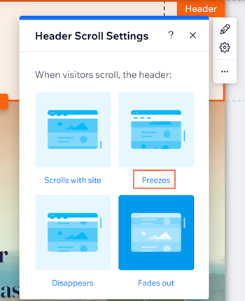 Screenshot of header scroll settings in the wix editor, with freezes option highlighted by orange rectangle.