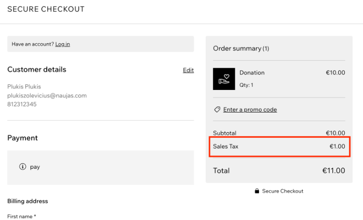 Screenshot of checkout page using Wix payments with Sales tax highlighted.