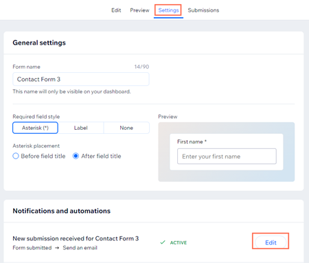 Screenshot of Wix Forms settings tab, within the wix form builder. Edit Notifications and Automations is highlighted.