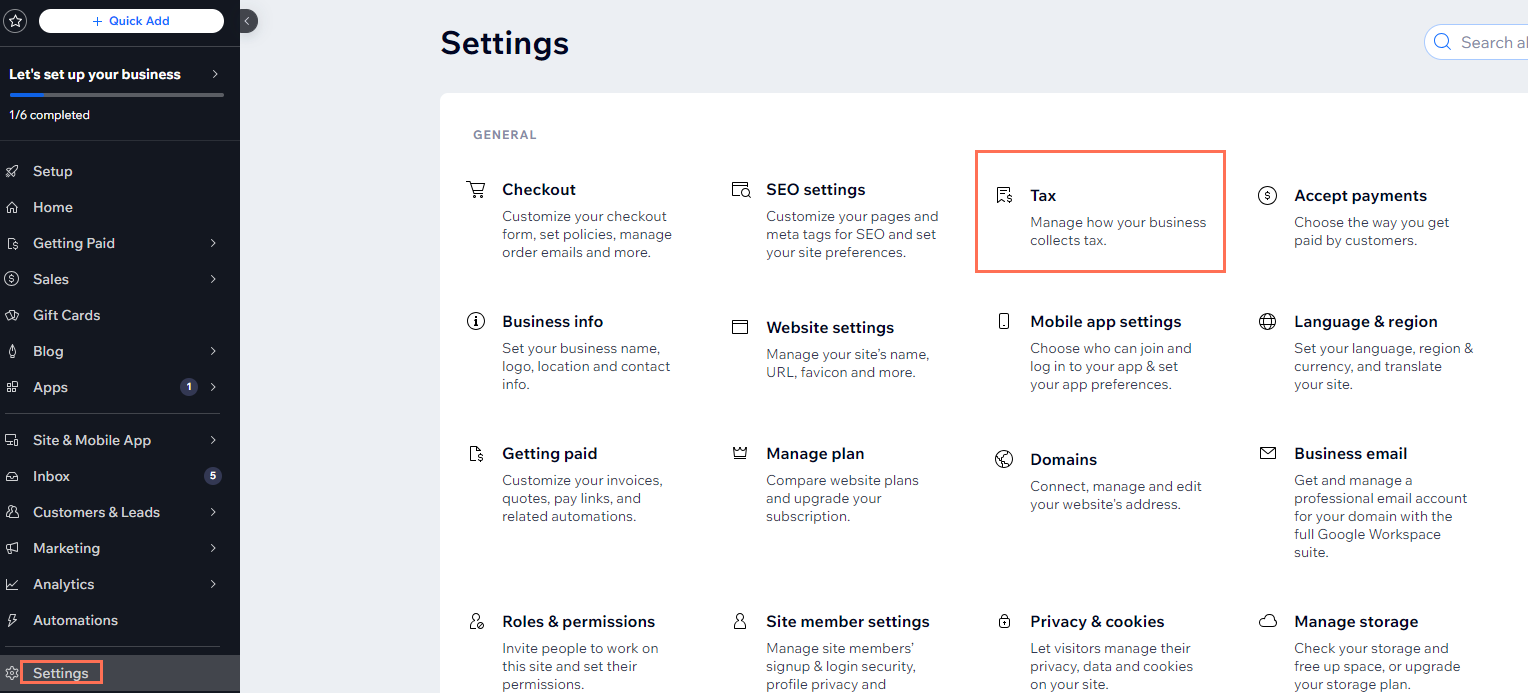 Screenshot of Wix dashboard with Settings selected and Taxes option highlighted.