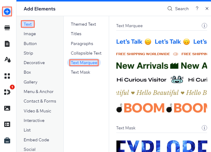 The available text marquee designs in the Add Elements panel in the wix Editor