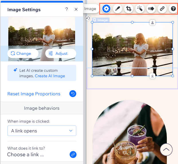 The Image Settings panel alongside an image in Wix Editor