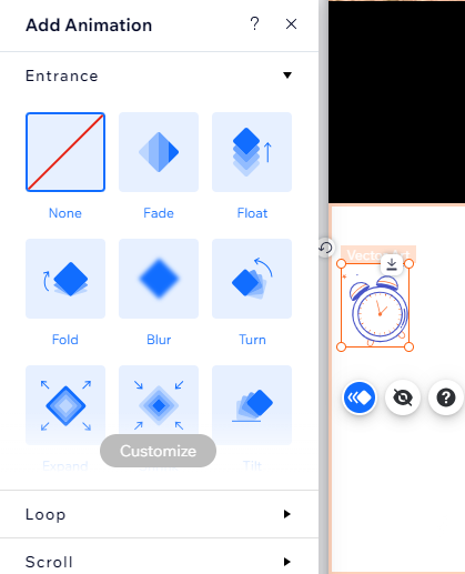 Wix 에디터의 애니메이션 옵션 스크린샷.
