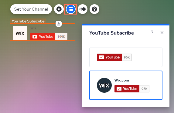 screenshot of youtube subscribe button in wix editor. layout panel selected, showing two different layout options