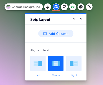 Wix 에디터에서 선택한 스트립 스크린샷 레이아웃 아이콘이 선택되어 있으며, 단 추가 패널 버튼이 표시되어 있습니다.