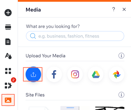 screenshot of media button selected from left panel in wix editor. upload your media button highlighted.