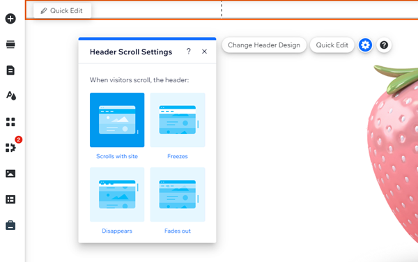 screenshot of header scroll settings in wix editor.