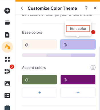 screenshot of customize color theme panel in wix editor.