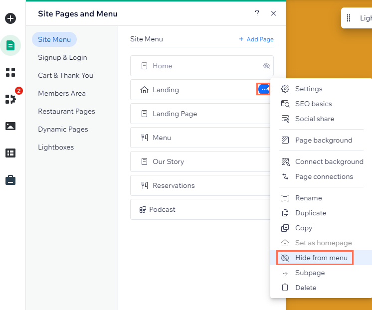 The more actions panel of a page in the Editor. The cursor is hovering over the option to hide the page