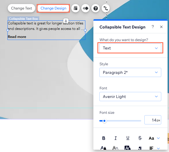 Le panneau de design du texte réductible. Le curseur survole le menu déroulant des polices.