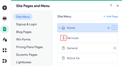 screenshot of pages and menu panel with anchor highlighted.
